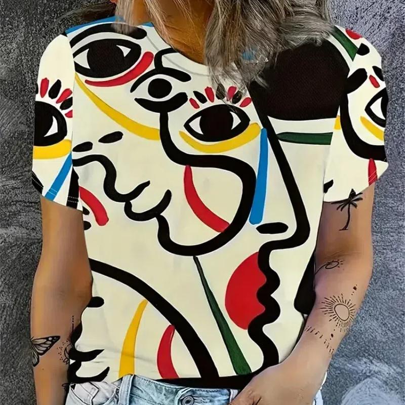 Весенне-летняя женская футболка с круглым вырезом Five Senses Line Art Pattern Топы с короткими рукавами Модная уличная женская футболка M
