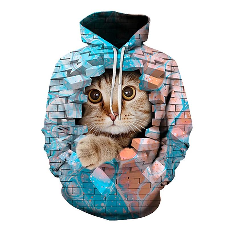 Женская толстовка с капюшоном и принтом в виде кота на стене, кирпича, 3D-принт, повседневная уличная одежда с капюшоном и карманом, унисекс XXS