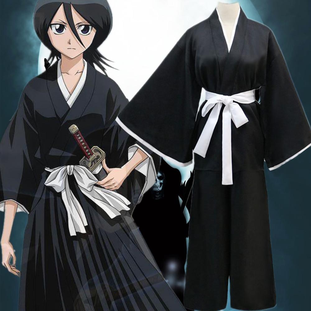Аниме Bleach Куросаки Ичиго Косплей Костюм Взрослые Женщины / Мужчины Наряды Черное Кимоно Batwing пальто Топ Черные Брюки Пояс Хэллоуин Комплект XXL