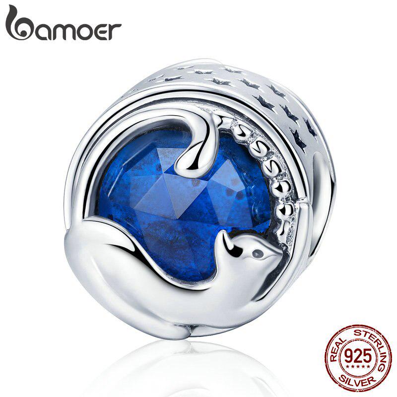 BAMOER 100% стерлингового серебра 925 пробы, играющий котенок, кошка, синие бусины с фианитом, подходят для браслета и браслетов SCC708