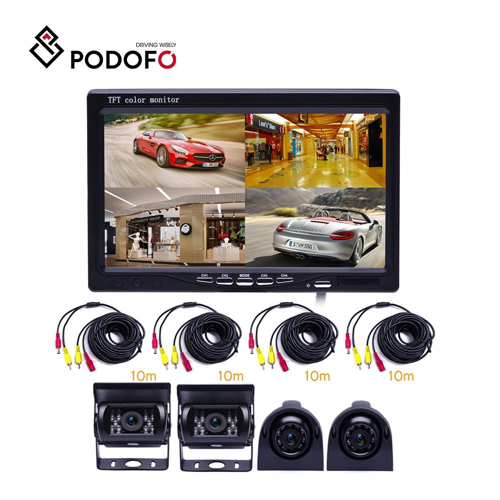 Комплект автомобильной резервной камеры Podofo 9–24 В, 7-дюймовый четырехдюймовый HD-монитор + 4 водонепроницаемые ИК-камеры ночного видения, передняя и задняя боковые камеры и AV-кабели длиной 33 фута