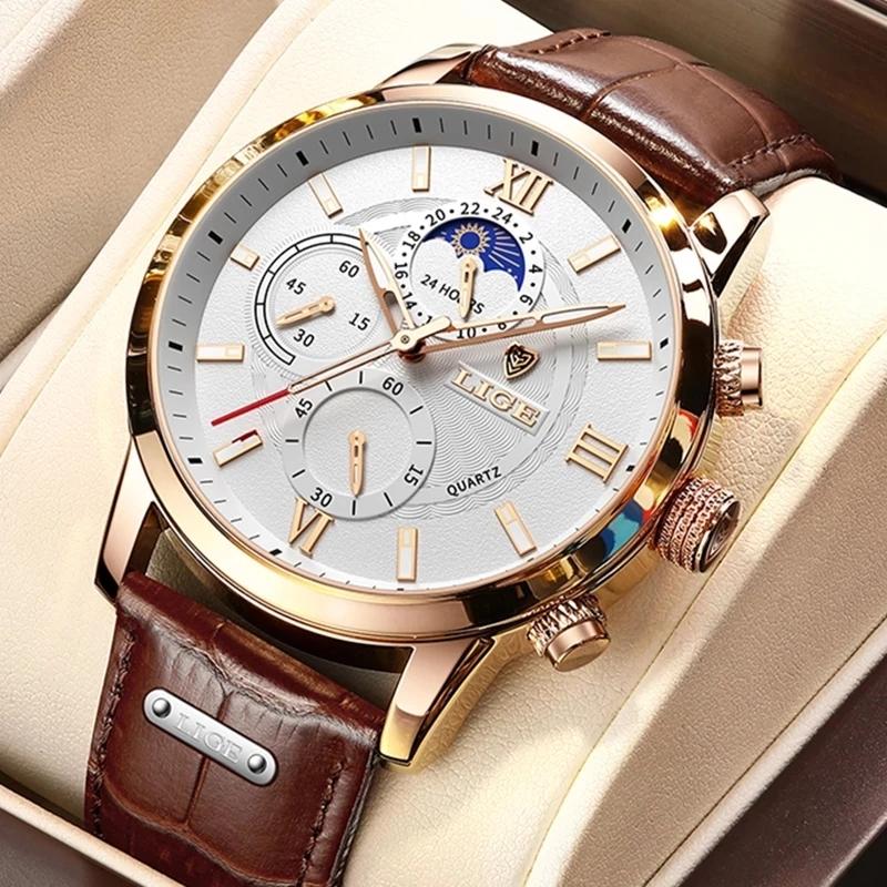 2021 LIGE Watches Mens Top Brand Luxury Clock Casual Leathe 24Hour Moon Phase Мужские часы Спортивные водонепроницаемые кварцевые хронографы + коробка белый/золотой