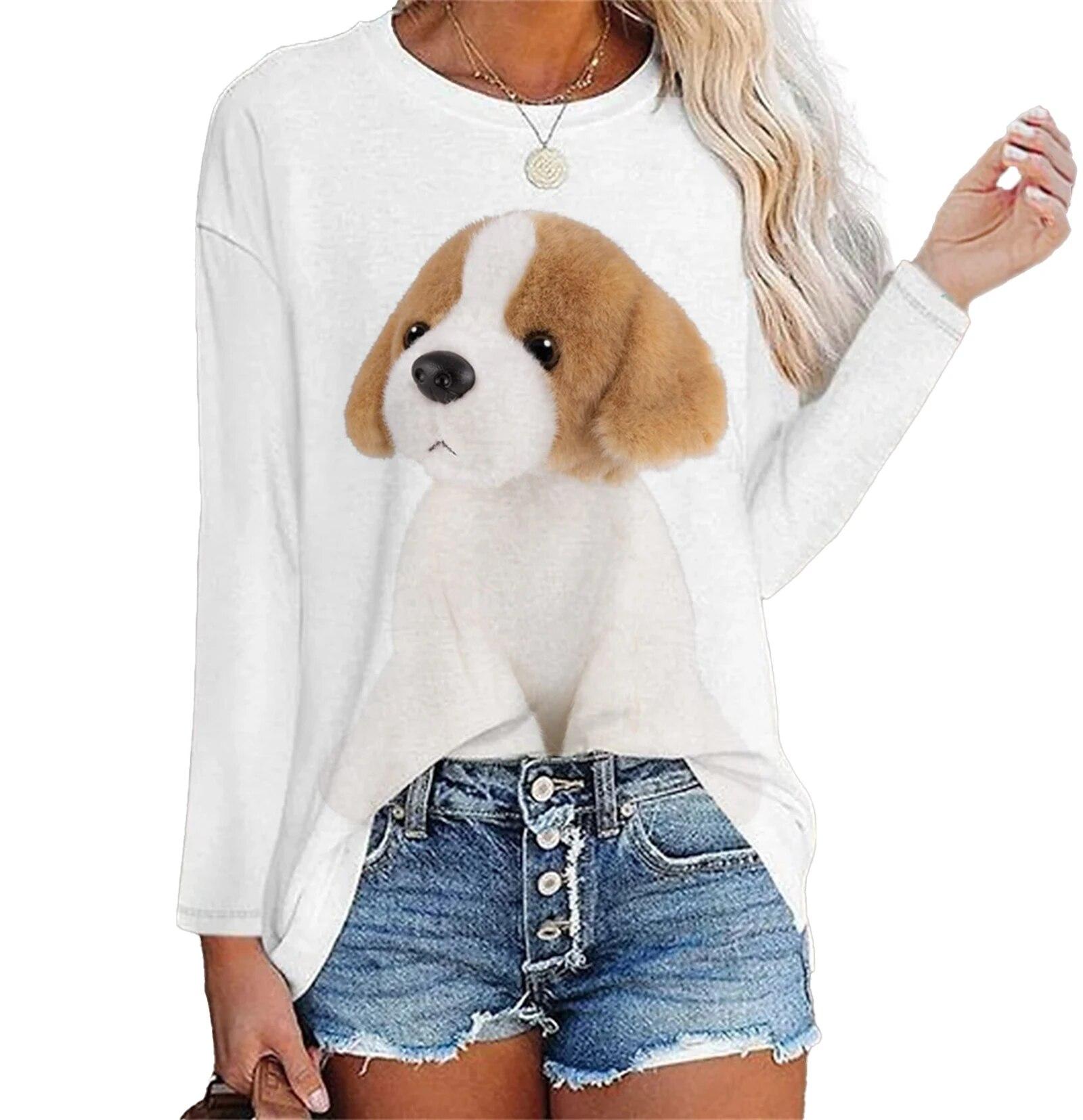 Женская футболка Kawaii Dog с 3D принтом, повседневные футболки с длинными рукавами, одежда в стиле Харадзюку, блузка, женские свободные топы из сукна L