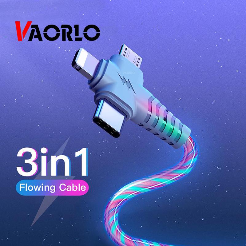 VAORLO 3 в 1 Светящийся зарядный кабель 2.1A Быстрый зарядный поток Светящееся освещение Usb-кабель для Samsung iphone XiaoMi HuaWei синий