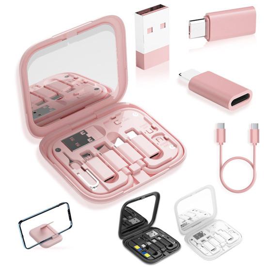 USB-адаптер, чехол с несколькими кабелями для зарядки, чехол с кабелем передачи данных и подставкой для телефона, SIM-карта 9-в-1 розовый