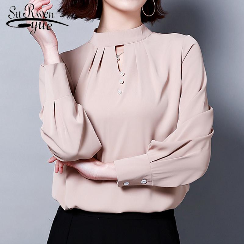 SURE XIAO STORY Осенние женские топы и блузки 2019 года, рубашка больших размеров с длинным рукавом, шифон, однотонный M абрикосовый