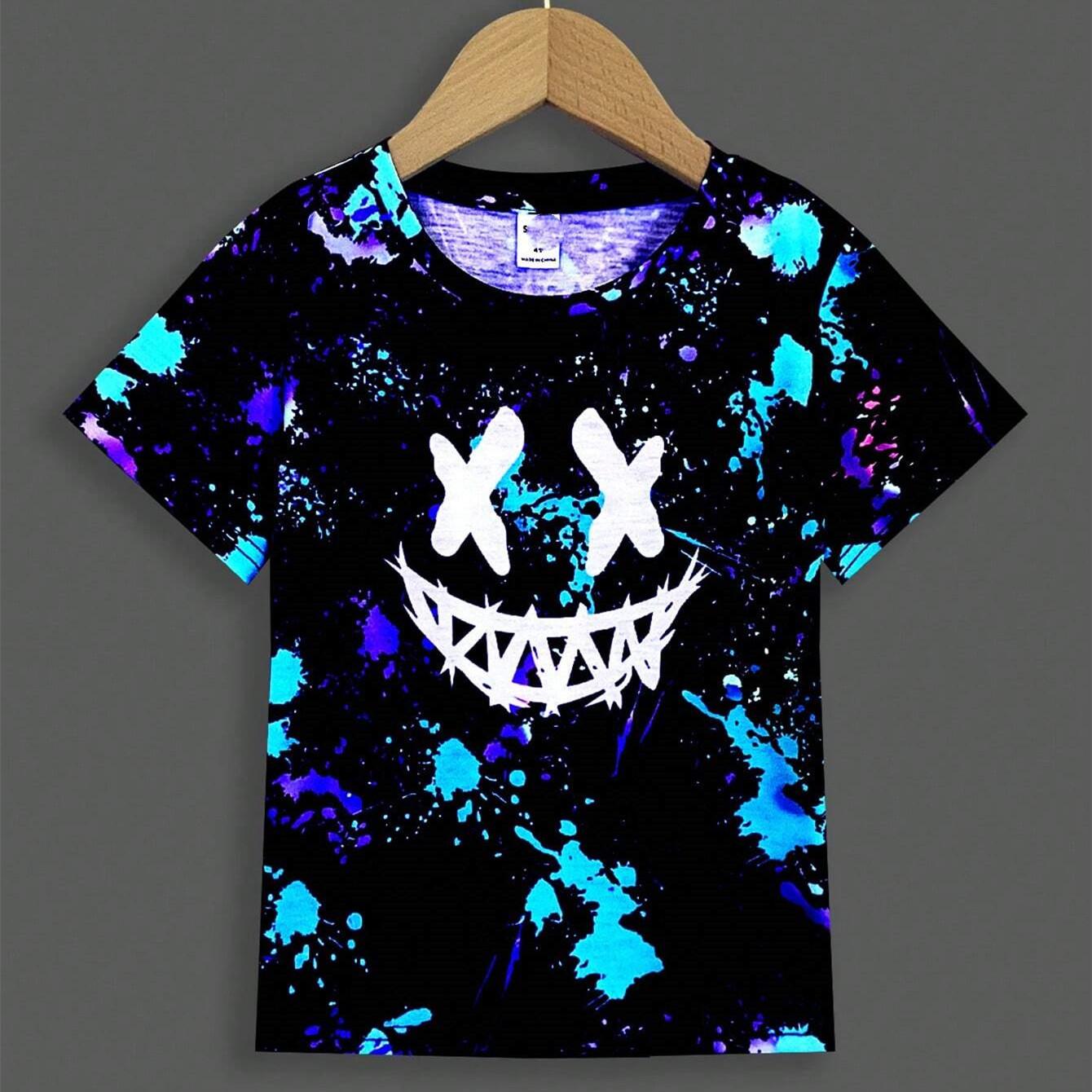 Футболка SHEIN Young Boys  Casual Comfortable Night Glow Inkjet Color Pattern с коротким рукавом 100