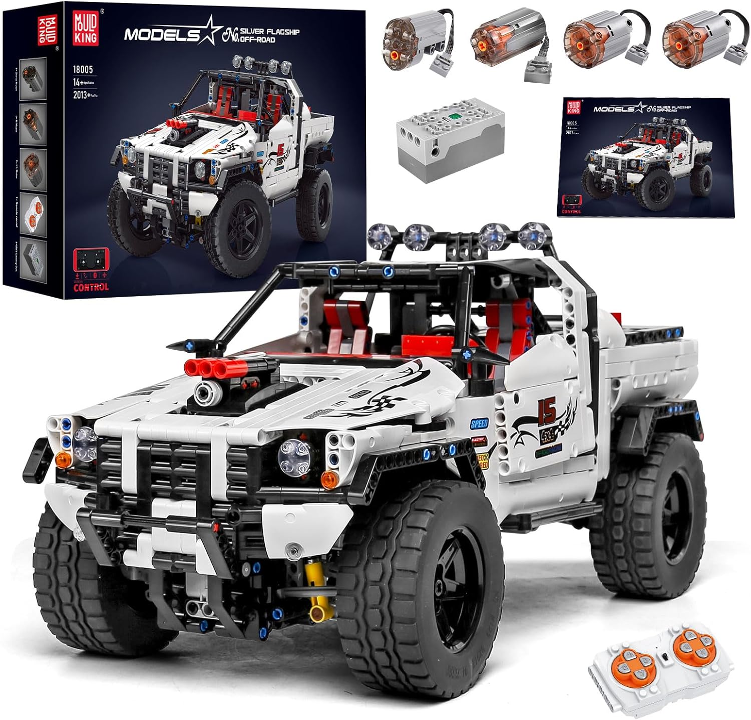 MOLD KING 18005 Технический пикап MOC-2412 APP Моторизованный серебряный флагманский внедорожный автомобиль Строительные блоки Кирпичи Игрушки для детей белый