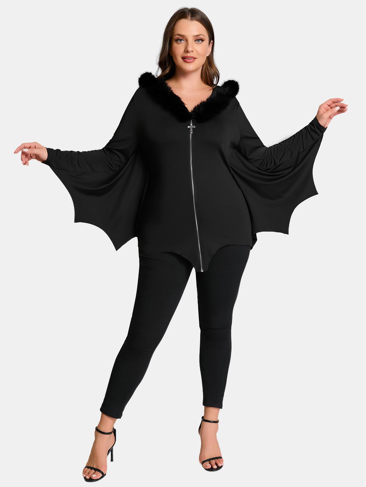 Пальто Rosegal Plus Size с капюшоном и меховым воротником и перекрестной молнией в форме крыла летучей мыши L чёрный