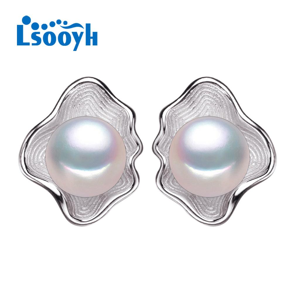 LSOOYH Shell Design 8-9 мм Натуральный пресноводный жемчуг Серьги Модные геометрические серьги-гвоздики Подарок розовый