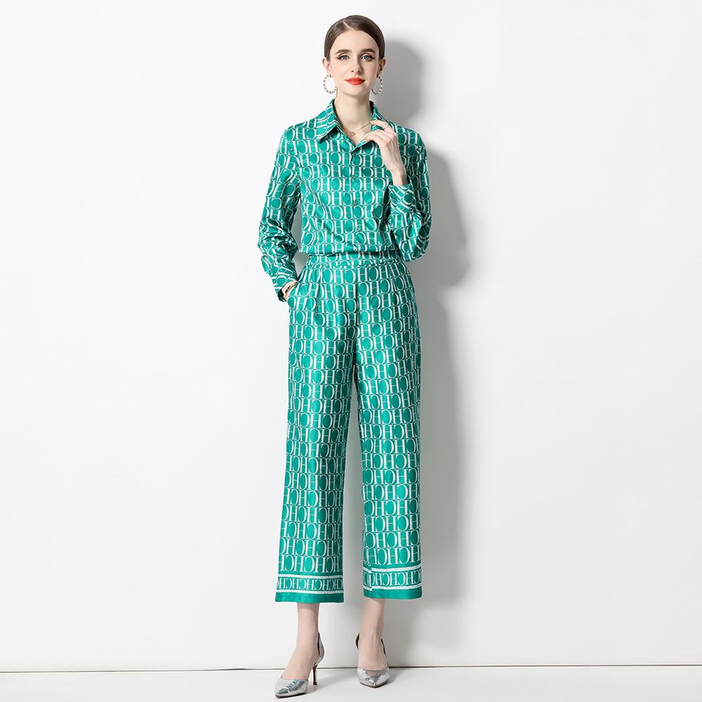 High Street Brand Подиумная Блузка с буквенным принтом, рубашка с широкими брюками, модный комплект из 2 предметов, женские шикарные дизайнерские наряды M зелёный