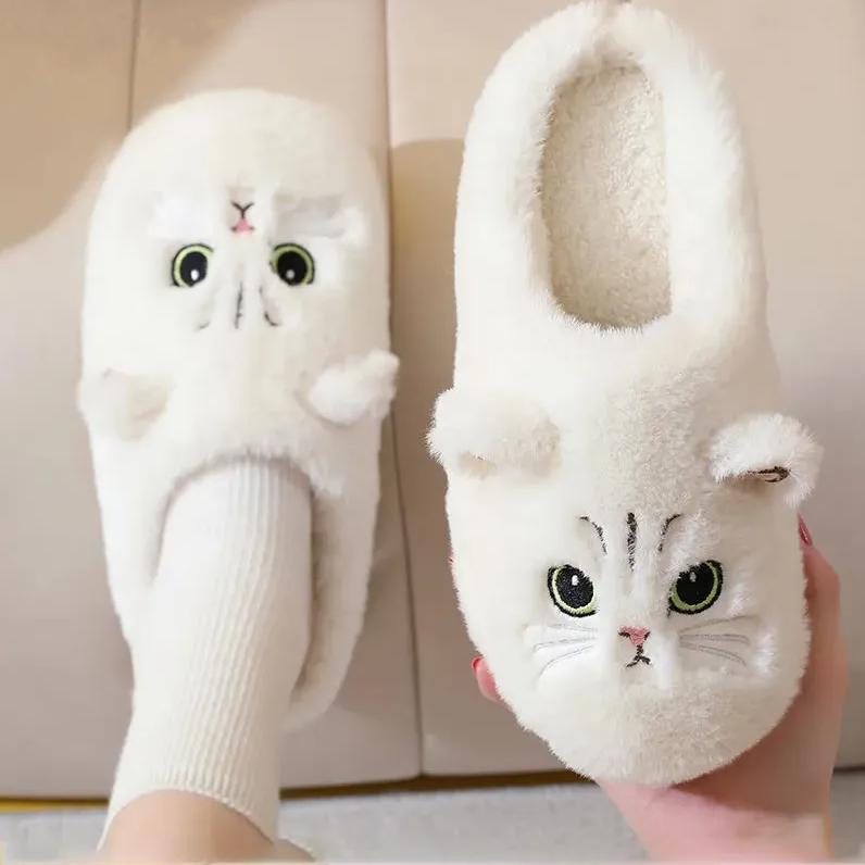 Новые модные женские зимние тапочки с милым котом, домашние мягкие плюшевые теплые домашние тапочки для спальни, повседневные шлепанцы без шнуровки на плоской подошве 36-37 белый