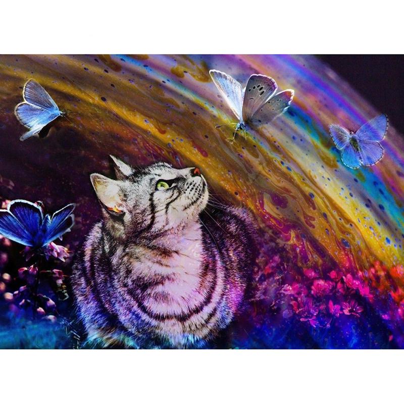 5D DIY Алмазная картина Кошка и бабочка Вышивка Мозаика Вышивка крестом Декор со стразами 20X30CM