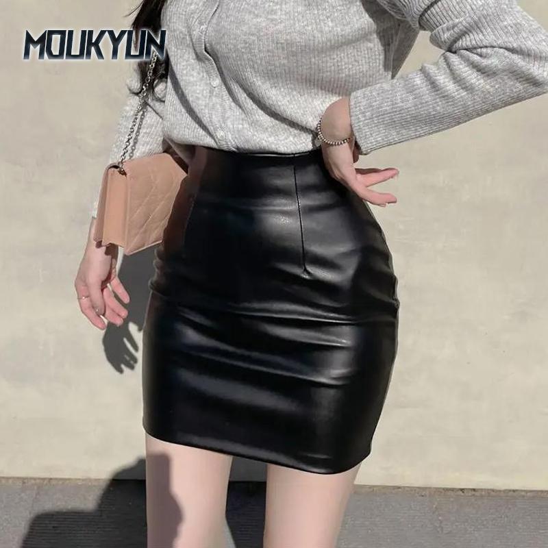 Черные мини-юбки из искусственной кожи для женщин, корейская мода, высокая талия, эластичность, панк-стиль, облегающая готическая сексуальная юбка, женская юбка Faldas M чёрный