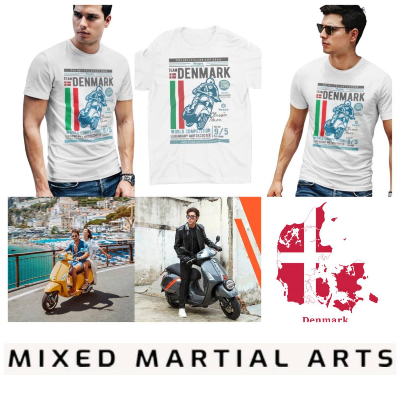 Дания Датский скутер Vespa MMA Kick Boxing UFC Muay Thai футболка с графическим ретро-винтажным 3D-принтом для мужчин и женщин унисекс с коротким рукавом и круглым вырезом S