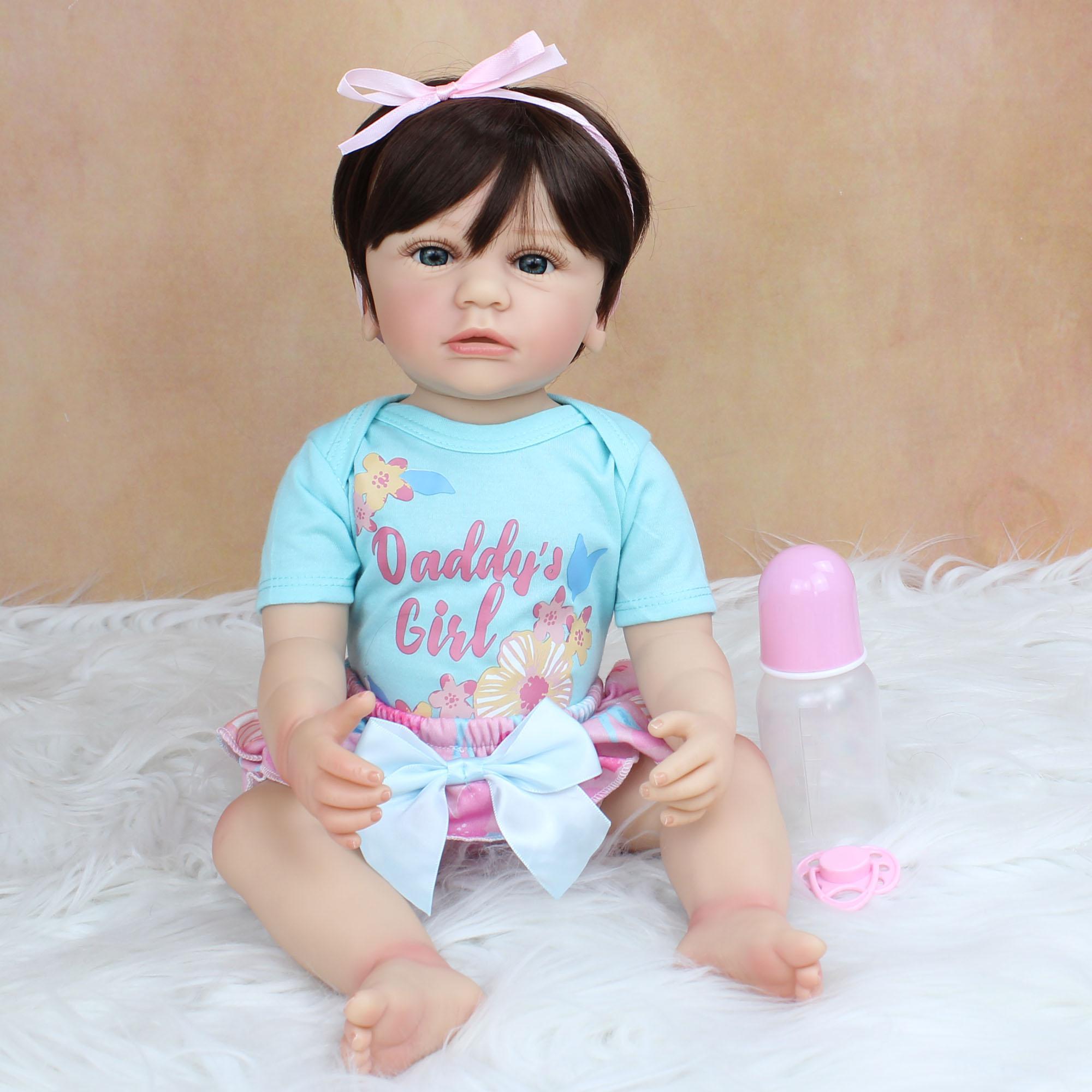 BZDOLL 55 см полностью силиконовая кукла Reborn для маленьких девочек, игрушка из мягкого винила, классическое платье принцессы для малышей, Boneca, подарок на день рождения Brown eyes, 55cm Doll