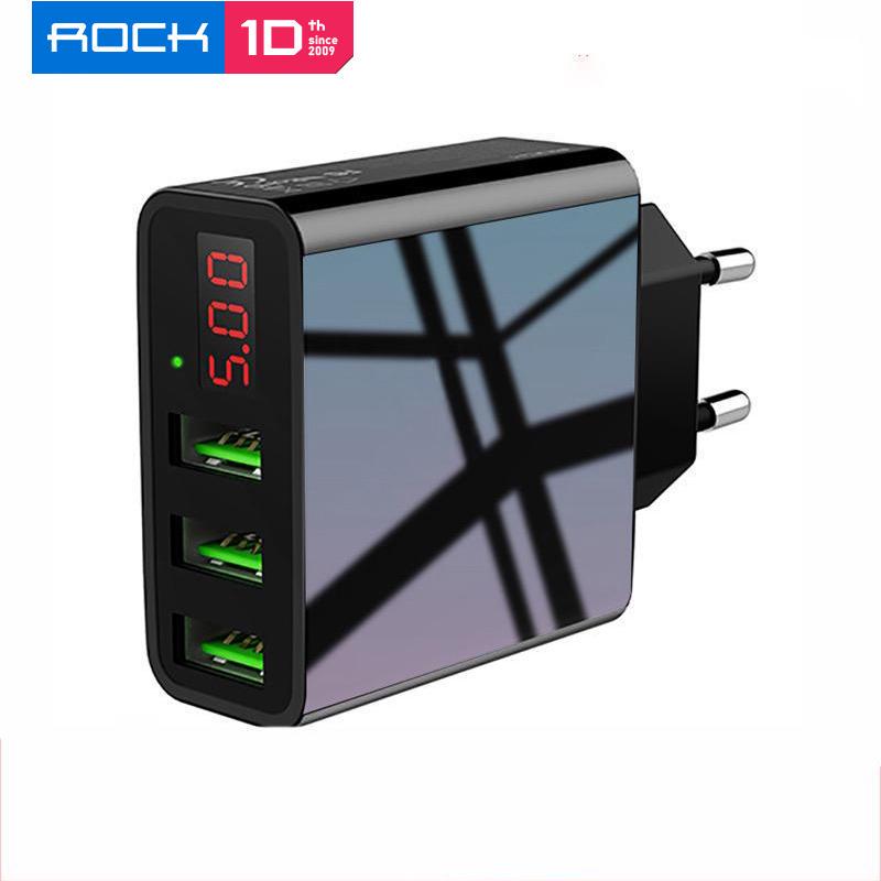 ROCK LED Display EU 3-портовое USB-зарядное устройство 3A USB-зарядное устройство для мобильного телефона Быстрая зарядка настенное зарядное устройство для iPhone 12 11 Samsung Xiaomi оранжевый/чёрный
