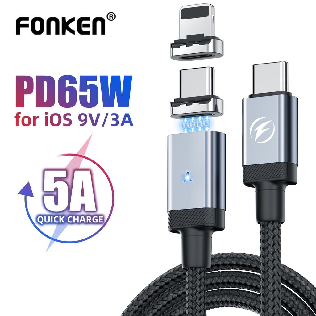 Магнитный кабель Fonken USB C PD 65 Вт, USB C к типу C, кабель для быстрой зарядки, 27 Вт, тип C к кабелю Lightning для телефонов iPone Samsung, магнитный шнур для передачи данных 0.5M-Type C чёрный