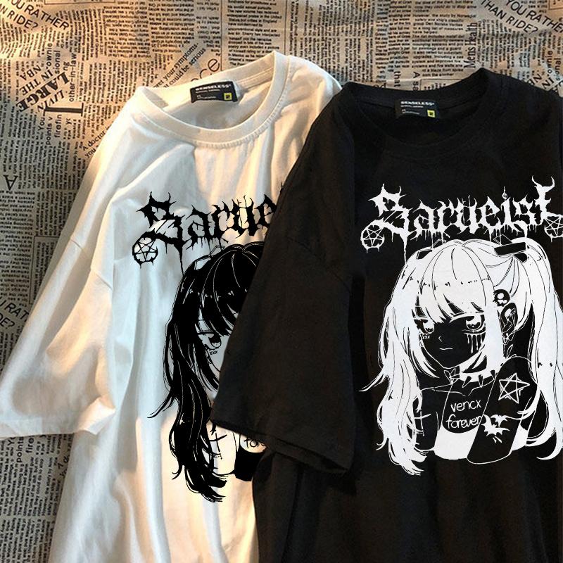 Femme японская уличная одежда Harajuku, свободная футболка большого размера, женская футболка с рисунком аниме, летняя футболка с графическим рисунком для футболки с героями мультфильмов XS