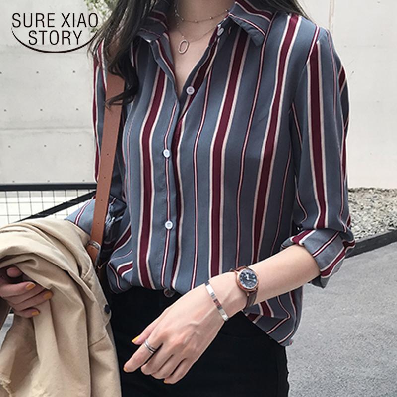 SURWENYUE модная полосатая блузка, рубашка больших размеров, женские рубашки с длинными рукавами, женские топы и блузки M серый