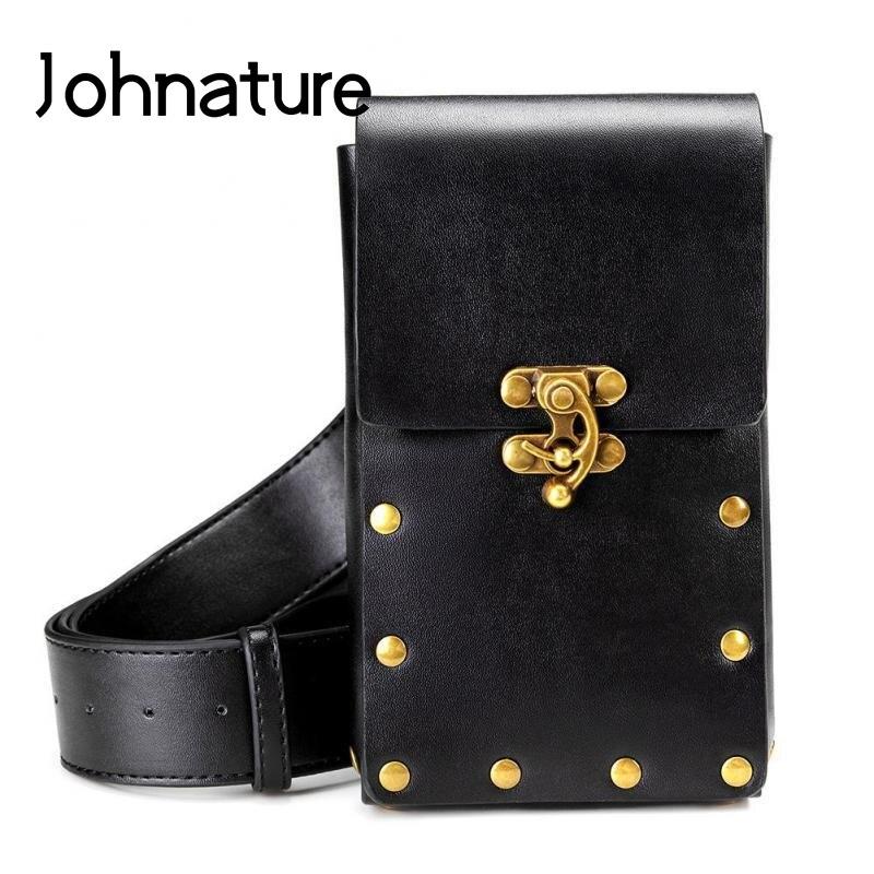 Женские сумки Johnature, двухцветная многофункциональная поясная сумка в стиле панк-ретро, ​​мото и байкерская сумка с заклепками, уличная сумка для мобильного телефона чёрный