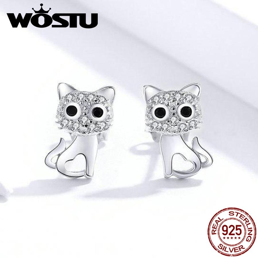 Серьги WOSTU с милым котом, 100% настоящее серебро 925 пробы, ювелирные изделия с фианитами, маленькая кошечка для женщин