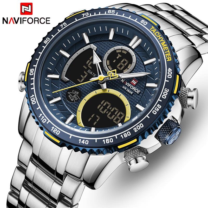 Naviforce Роскошные модные мужские наручные часы Многофункциональные кварцевые часы из нержавеющей стали с двойным дисплеем серебряный
