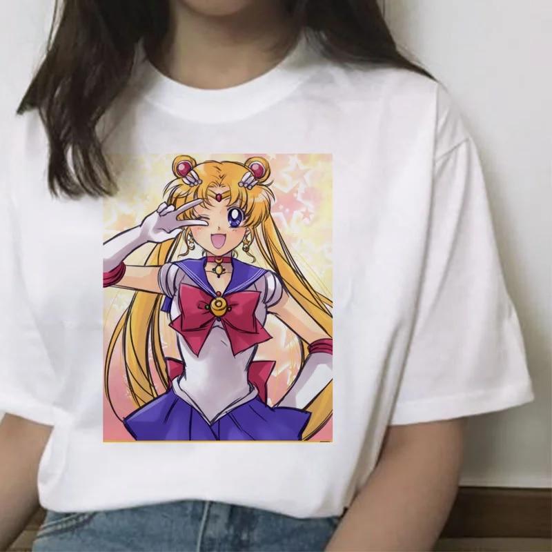 Футболка Sailor Moon Kawaii с изображением кошки Harajuku Unisex Ulzzang Футболка с корейским графическим топом из мультфильма L