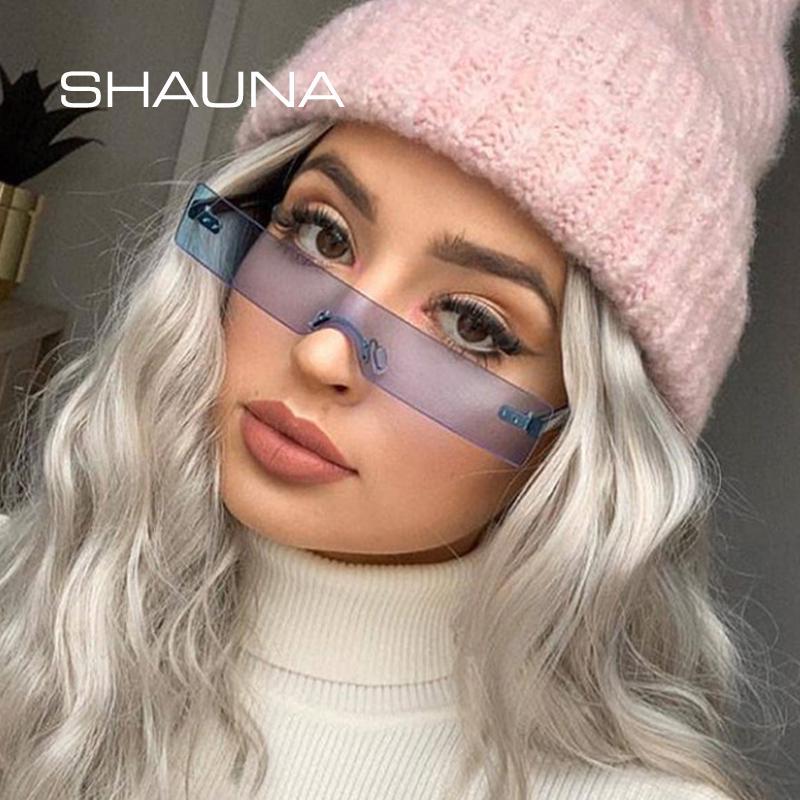 SHAUNA Ins, популярные маленькие прямоугольные солнцезащитные очки для женщин, модные прозрачные красные очки без оправы для мужчин, UV400