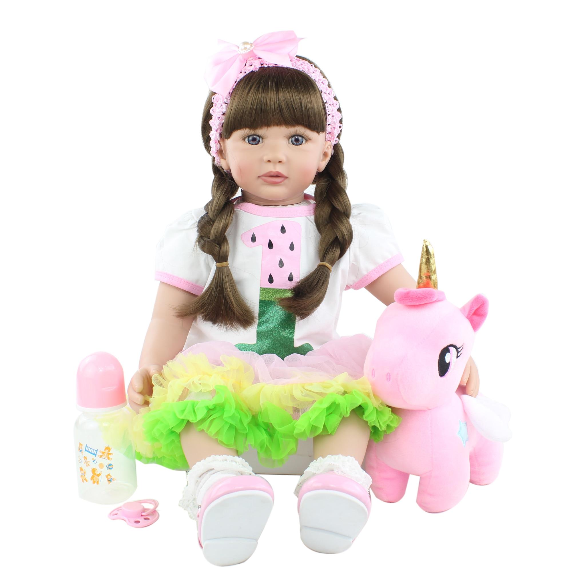 BZDOLL 60 см, мягкая силиконовая кукла реборн, игрушка для девочек, длинные волосы, принцесса, ребенок с тканевым телом, живое платье Bebe, подарок на день рождения Blue eyes, 60cm doll синий