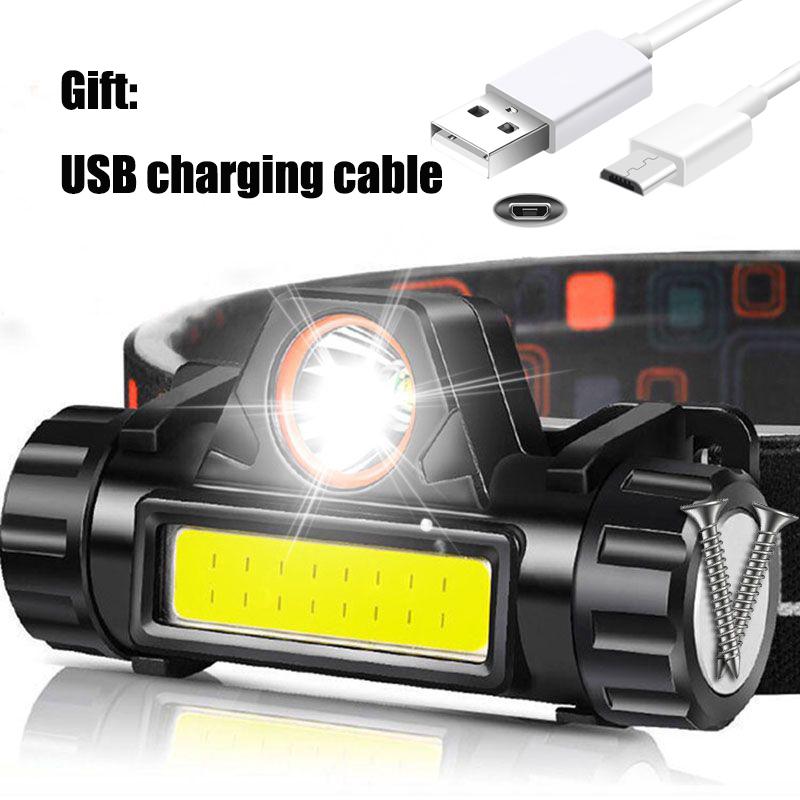 Перезаряжаемая через USB светодиодная фара Мощный налобный фонарь COB Налобный фонарь Водонепроницаемая налобная лампа со встроенной батареей емкостью 1200 мАч чёрный