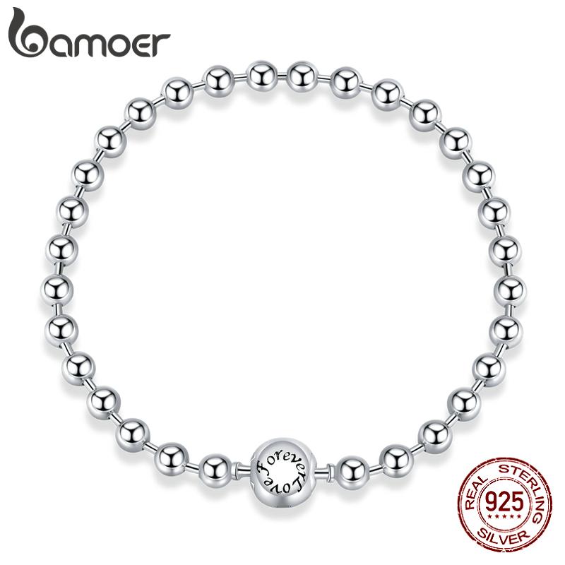 BAMOER 925 пробы Серебряный чистый серебряный круглый браслет из бисера Forever Love Chain женские модные базовые браслеты 17cm