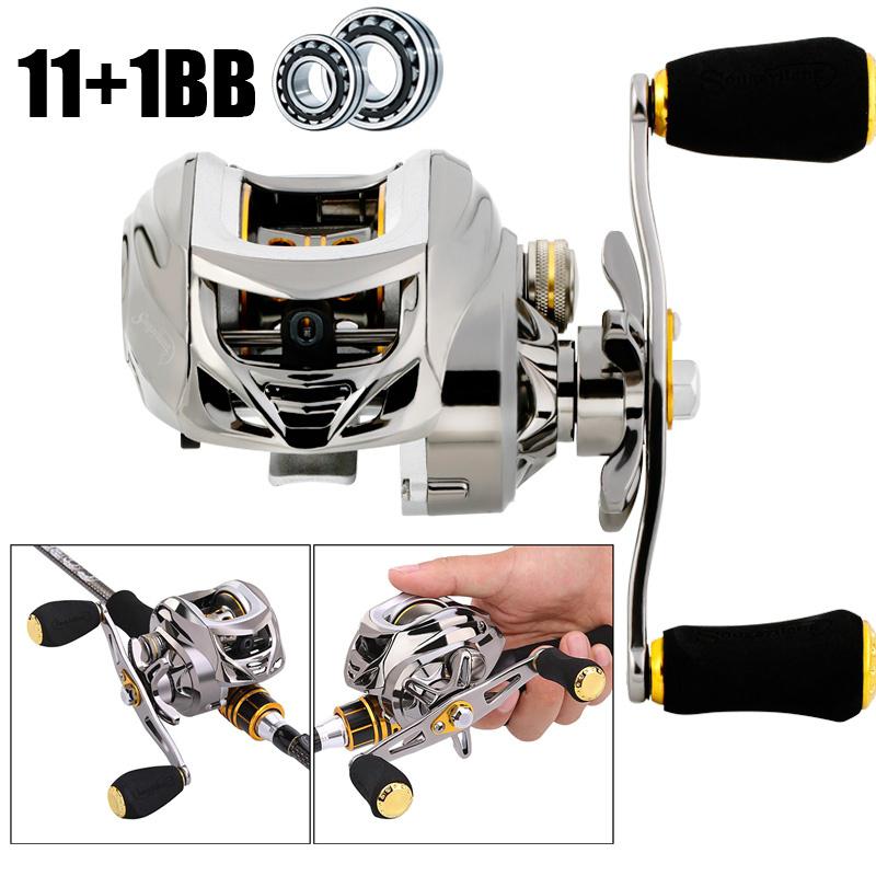 Рыболовная катушка из углеродного волокна Baitcaster, 16,5 фунтов, карбоновый фрикцион, 11 + 1 BB, катушки с двойным тормозом Left Hand