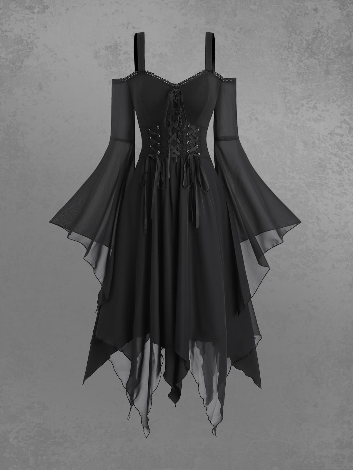 Rosegal Gothic Открытые плечи Расклешенные рукава Шнуровка Твердый платок Асимметричный многослойный шифоновое платье L чёрный