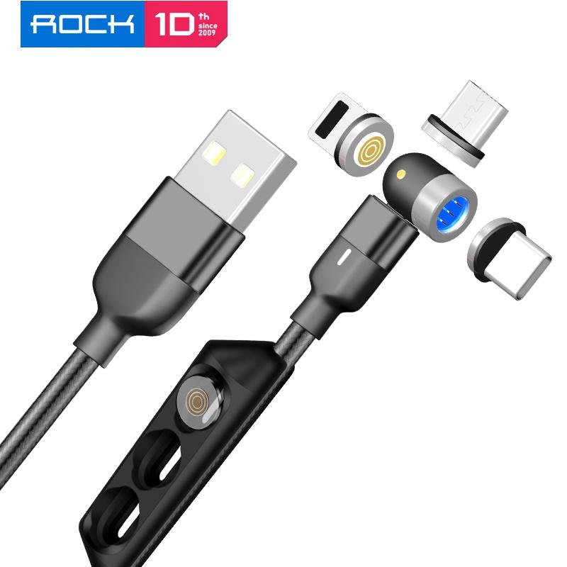 ROCK Магнитный USB-кабель 3A Кабель для быстрой зарядки типа C Магнитное зарядное устройство с вращением на 540° Кабель Micro USB USB-шнур для мобильного телефона для iPhone 8Pin 1M Cable+Micro plug