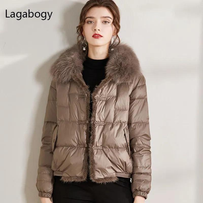 Lagabogy с воротником из натурального лисьего меха, зимняя женская 90% белая куртка на утином пуху, женская короткая теплая куртка-пуховик, женская свободная винтажная парка S
