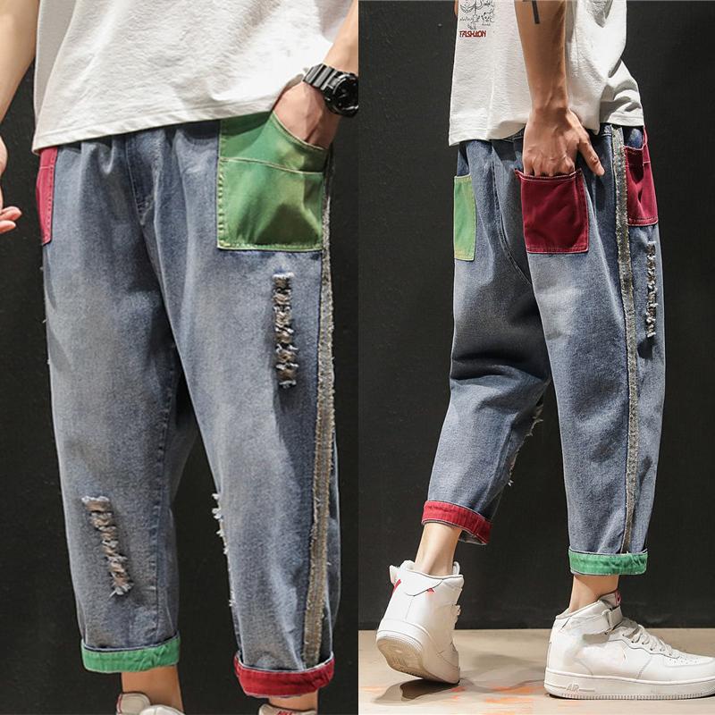 Мужские уличные брюки, модные лоскутные джинсы, Ropa Hombre, повседневные джинсовые брюки S синий