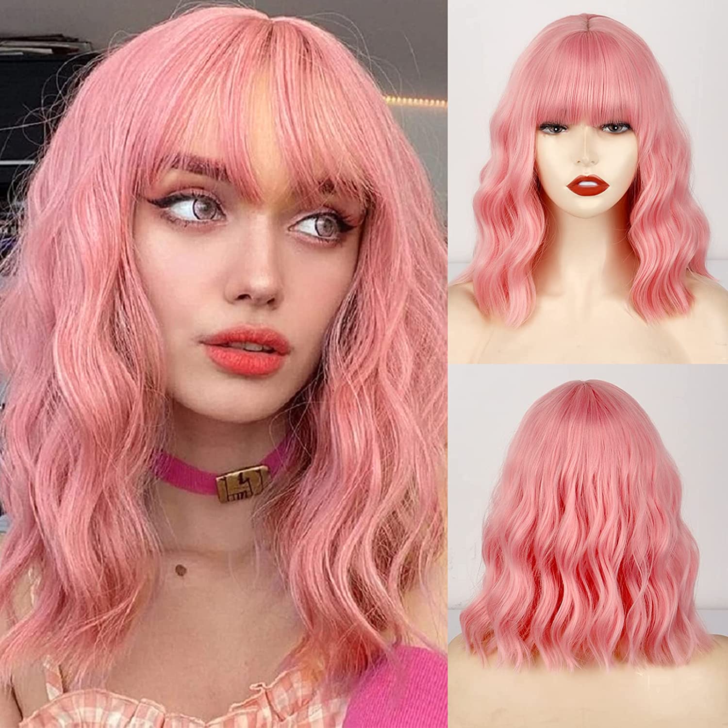 MERISIHAIR Короткие розовые парики с челкой, волнистый пастельно-розовый парик из синтетического волокна, розовый парик для девочек, вечерние косплей на Хэллоуин оранжевый