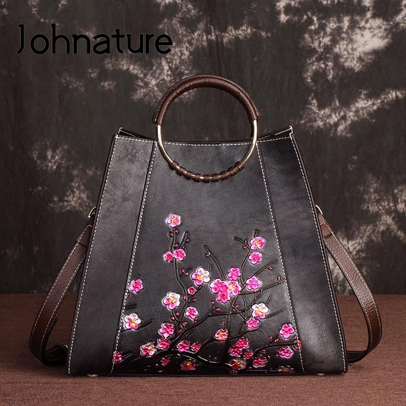 Johnature винтажная женская сумка из натуральной кожи с тиснением, сумки на плечо и через плечо большой вместимости из натуральной мягкой яловой кожи чёрный