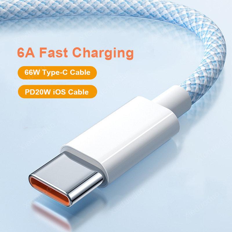 Кабели для телефонов Weave Colorful 6A Кабель USB C для быстрой зарядки для Samsung Huawei iPhone 11 X XS 12 Аксессуары для мобильных телефонов Кабель типа C Зарядное устройство USB-кабель Type-C-1M синий