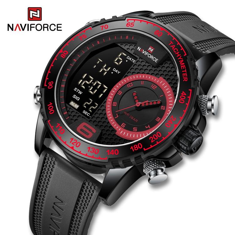 Naviforce NF9199T Креативные силиконовые мужские часы Светящиеся водонепроницаемые спортивные наручные часы Кварцевые двойной дисплей 265mm чёрный/красный