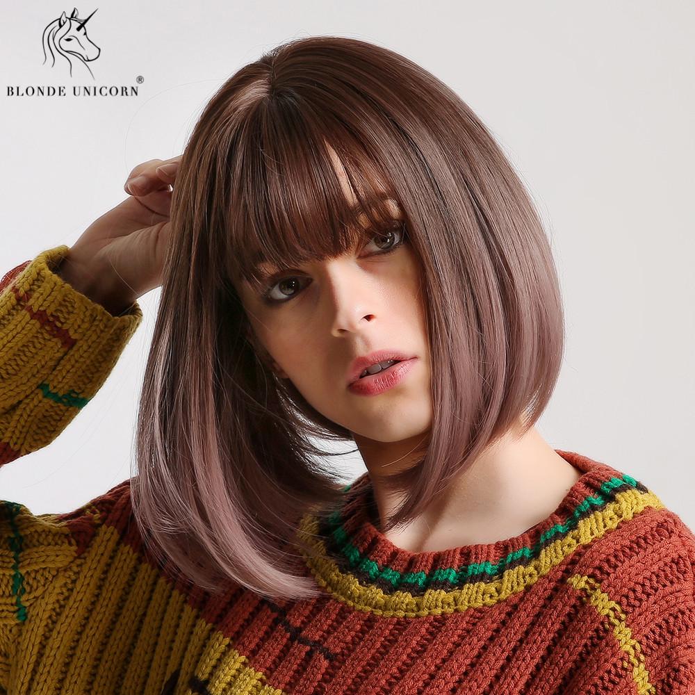  БЛОНДИНКА-ЕДИНОРОГ, имитация кожи головы, Fasion BoBo, черный корень, фиолетовый, омбре, легкая челка, женский парик 30cm фиолетовый