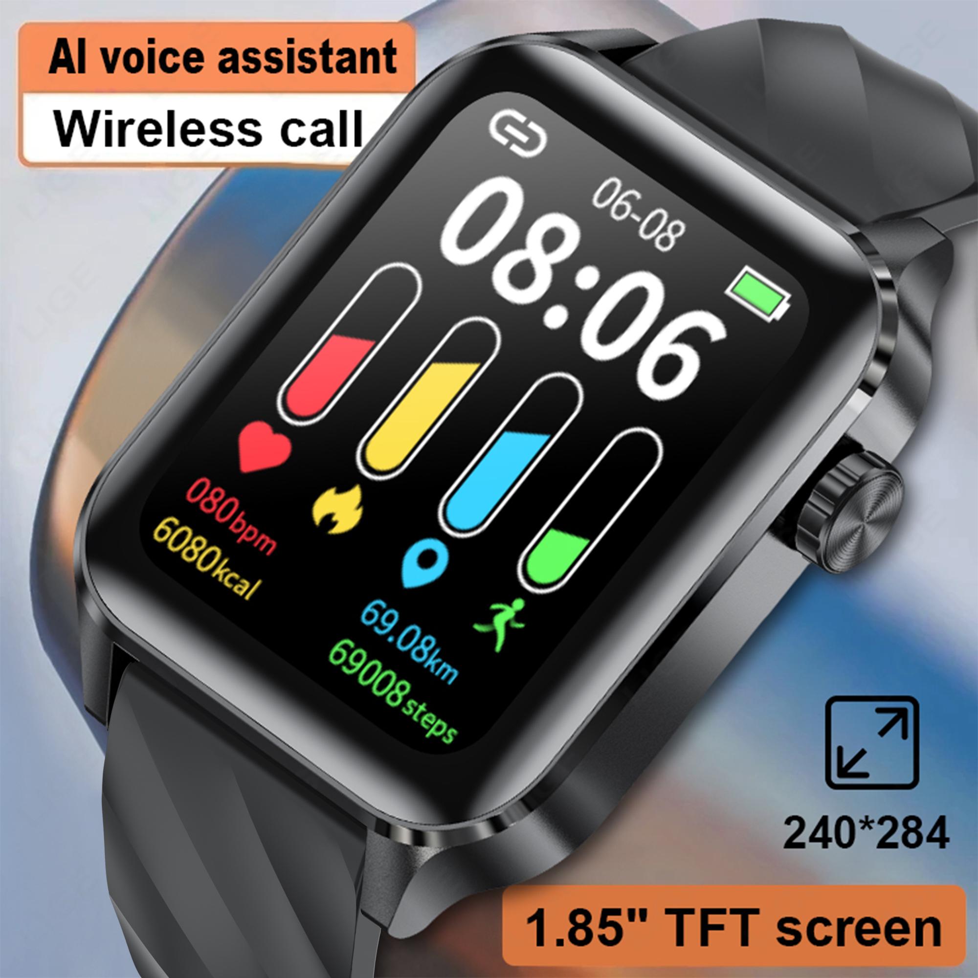 LIGE SmartWatch 1,85-дюймовый Bluetooth-монитор сердечного ритма и сна IP68 Водонепроницаемые уличные умные часы silicone strap чёрный