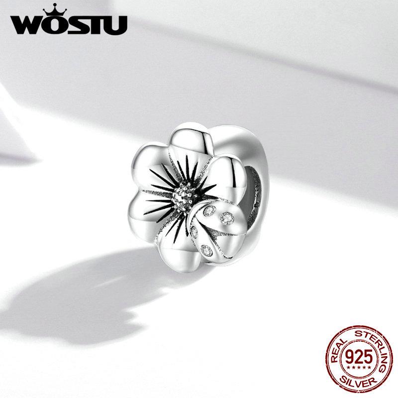 WOSTU Аутентичные ювелирные изделия из стерлингового серебра 925 пробы, очаровательные бусины с цветущим цветком для оригинального серебряного браслета и браслета, ювелирные изделия своими руками 925 silver