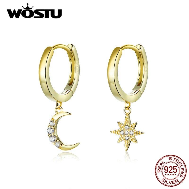 WOSTU Аутентичные серьги из стерлингового серебра 925 пробы со звездами и луной, женские модные серьги золотого цвета с цирконием
