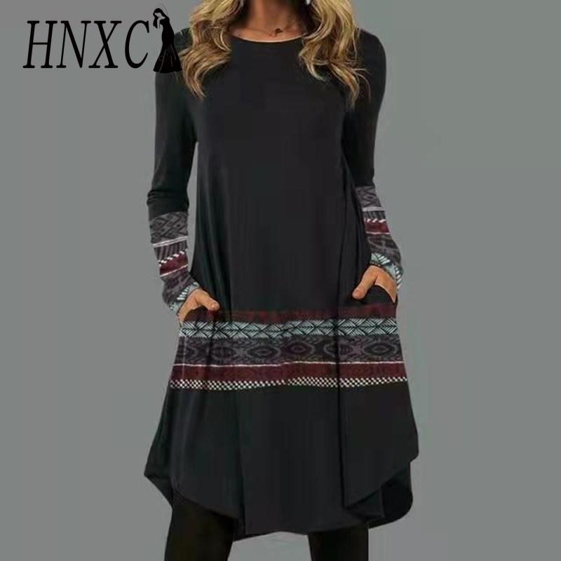HNXC Женская мода осень-зима с длинным рукавом и круглым вырезом с высокой талией повседневные платья S