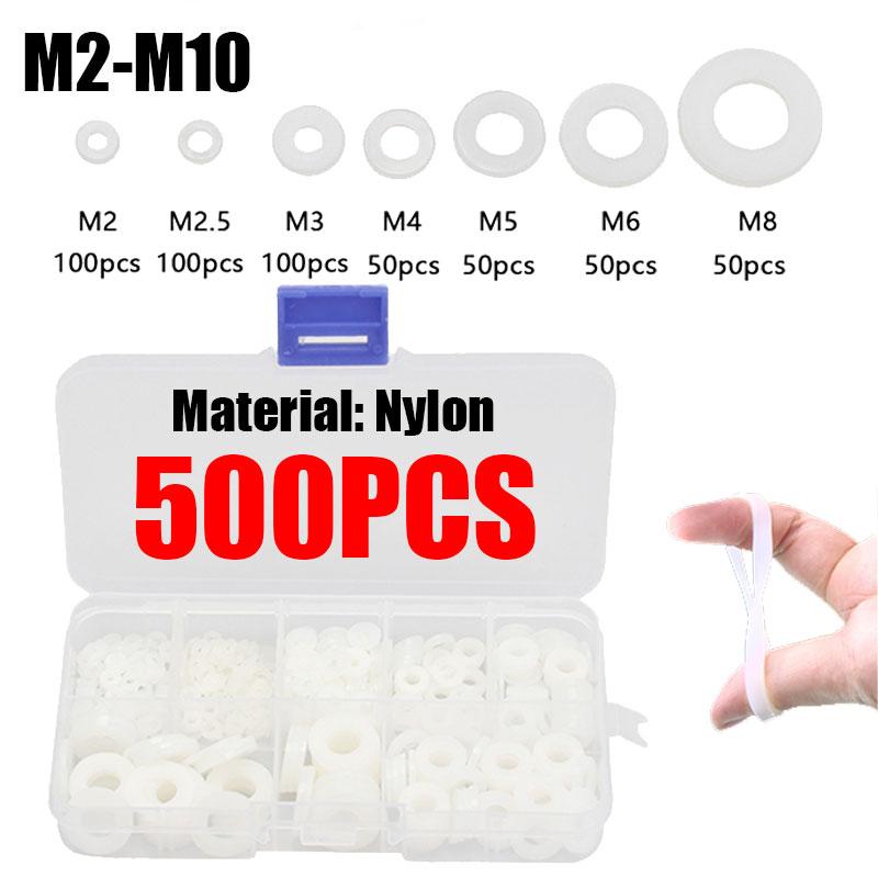   Joom 500 шт./кор. M2-M10, белая пластиковая нейлоновая шайба, плоская прокладка, уплотнительная прокладка, уплотнительное кольцо, набор в ассортименте 500PCS M2-M10 + Box