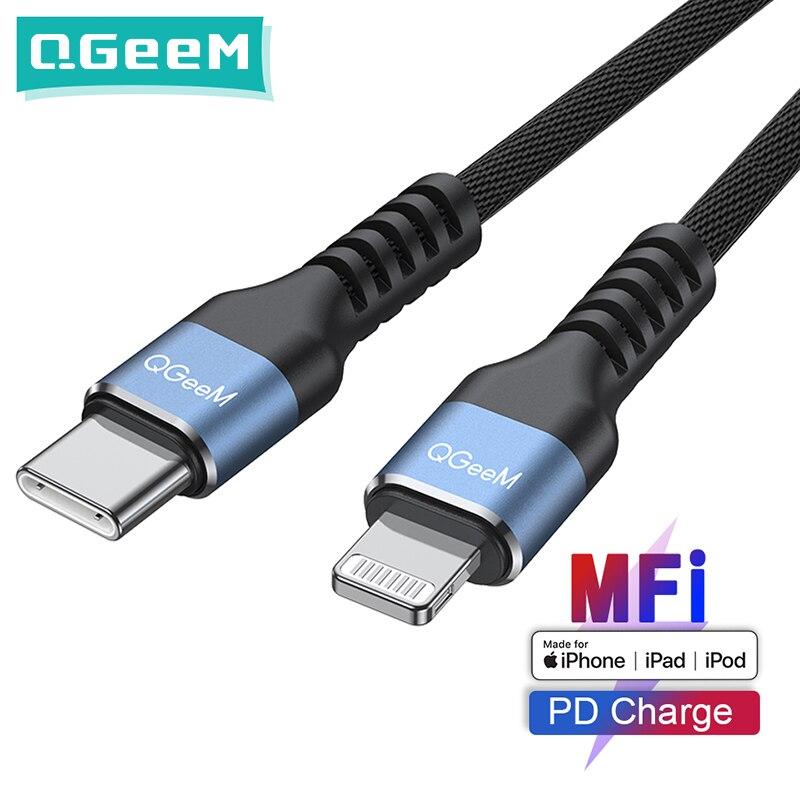 QGeeM MFi USB C to Lightning Зарядный кабель для iPhone для iPhone 12 mini Pro Max 11 X XS 8 7 PD Кабель для быстрой зарядки данных для Macbook 1m синий