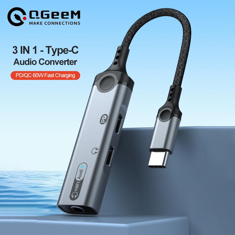 Аудио адаптер 3 в 1 USB Type-C на 3,5 мм/двойной USB C конвертер для наушников PD 60 Вт ЦАП с быстрой зарядкой для iPhone 15/Huawei/Xiaomi чёрный/серый