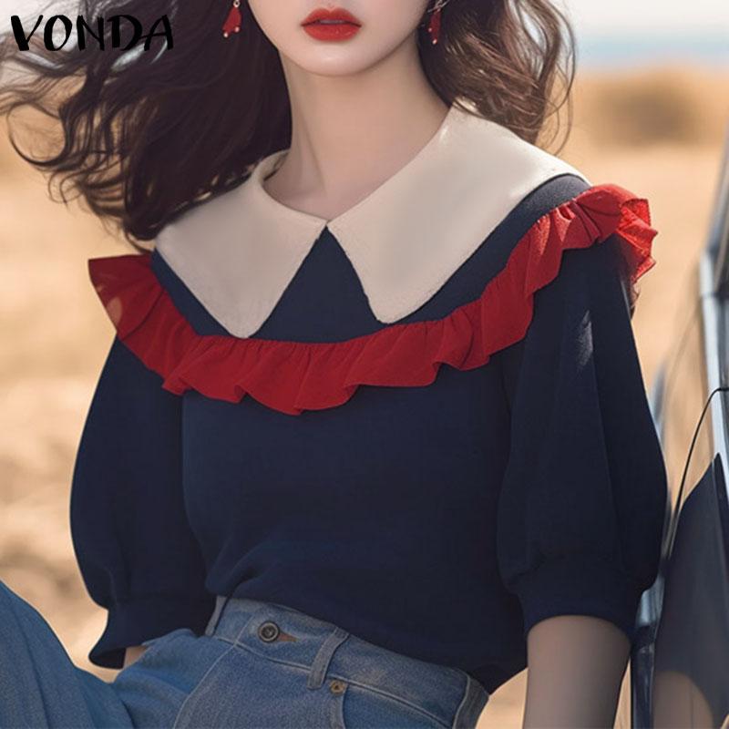 VONDA Женские летние блузки с лацканами, с короткими рукавами, с оборками, контрастные S темно-синий